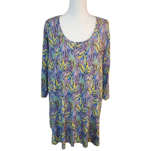 Blue Sky Tops - Blue Sky, Bamboo Blend Colorful Abstract Leaf-Print Scoop Neck Tunic